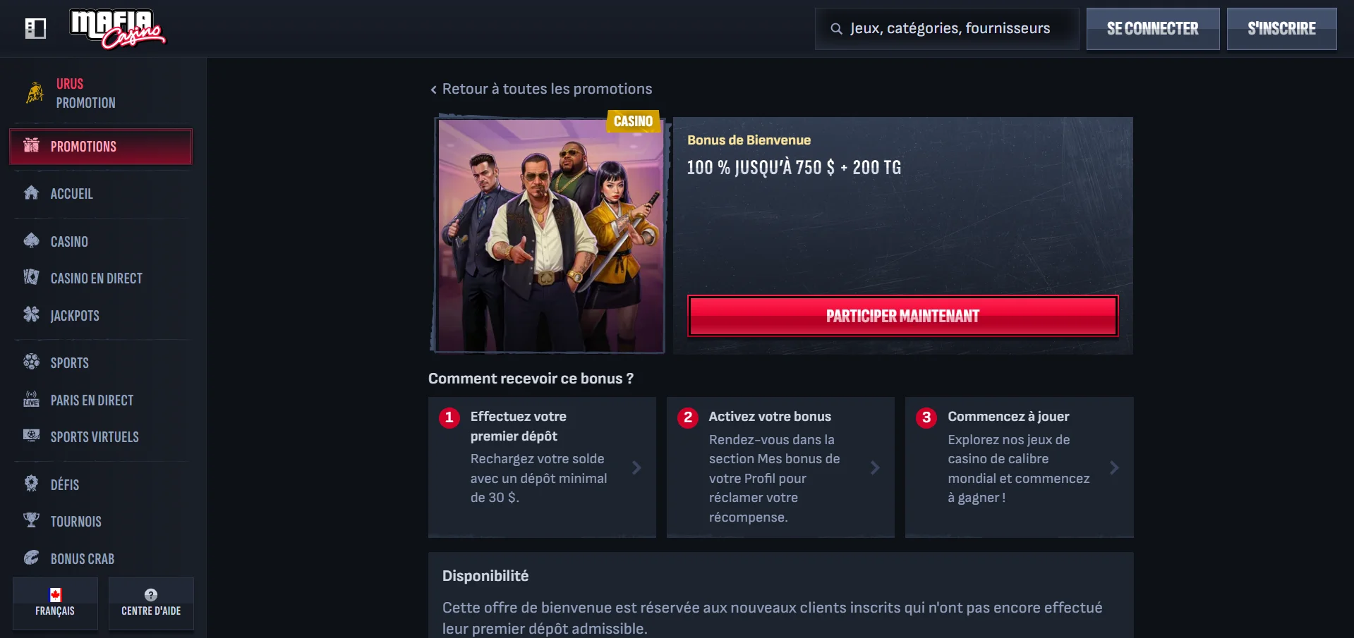 Mafia Casino : bonus de bienvenue